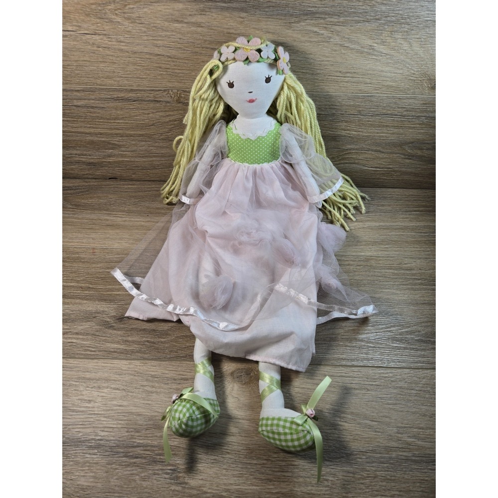 Pottery Barn Kids Cloth Rag Doll Princess 27" Pink Dress Flower Crown Blonde